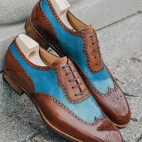Decent Handmade New Oxfords Blue Brown Wingtip Party Wear Leather Shoes - Thumbnail 1