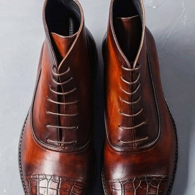 Handmade men's brown high ankle lace up crocodile two tone leather boots - Thumbnail 2