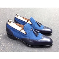 Handmade Loafer Shoes, Bespoke Tussle Formal Leather Office Shoes, Denim - Thumbnail 1