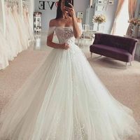 Fairy Ball Gown Off the Shoulder Tulle Lace Wedding Dresses - Thumbnail 1