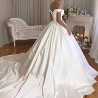 Retro Ball Gown Off the Shoulder Ivory Satin Wedding Gowns - Thumbnail 1
