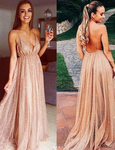 Sparkly A Line V Neck Champagne Sequins Long Prom Dresses, Evening Party Dresses