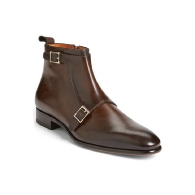 Handmade men brown boots, double monk strap boot, side zipper boots - Thumbnail 1