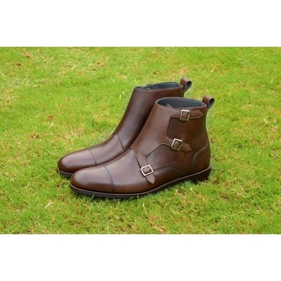 Handmade men brown boots, triple monk boot for , leather boots - Thumbnail 3