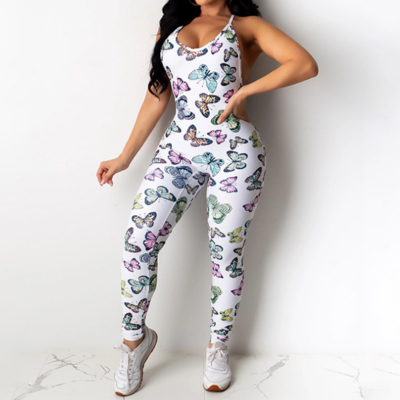 Sexy butterfly print slim backless cross sling jumpsuit - Thumbnail 4