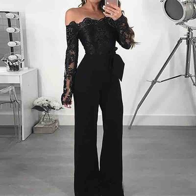 Casual one-shoulder lace splicing jumpsuit - Thumbnail 3