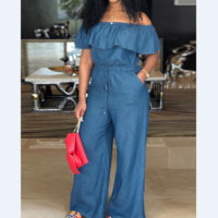 Sexy One-Shoulder Ruffled Plus Size Denim Jumpsuit - Thumbnail 1