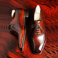 Hand Crafted Men's Burgundy Ankle Shoes,Men's Leather Wing Tip Dress Shoes - Thumbnail 1