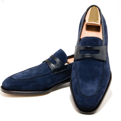 Hand crafted men's blue penny loafers shoes,men's suede dress shoes - Thumbnail 4