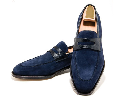 Hand Crafted Men's Blue Penny Loafers Shoes,Men's Suede Dress Shoes