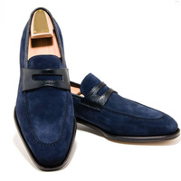 Hand Crafted Men's Blue Penny Loafers Shoes,Men's Suede Dress Shoes - Thumbnail 1