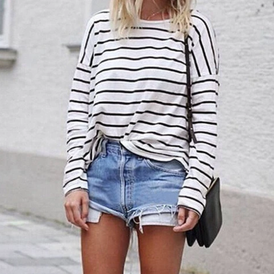 Long sleeve cute stripes round neck t-shirt - Thumbnail 5