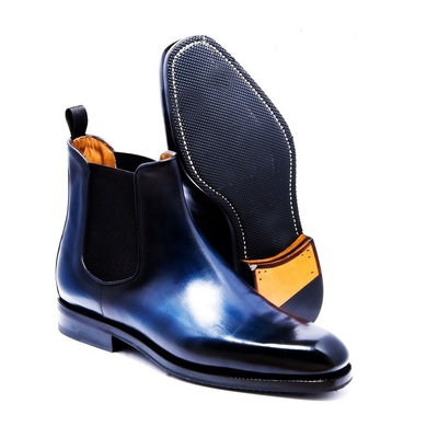 Handmade men's blue brogue toe leather ankle high chelsea boot - Thumbnail 1