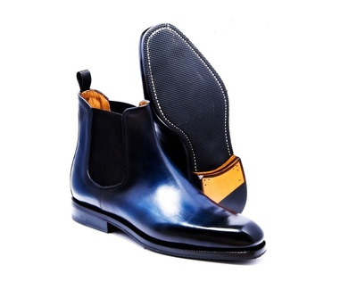 Handmade Men's Blue Brogue Toe Leather Ankle High Chelsea Boot