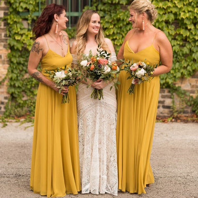 Spaghetti Straps Yellow Long Bridesmaid Dresses under 100