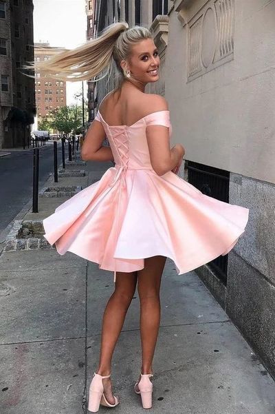 Cute A Line Off the Shoulder Pink Satin Short Homecoming Dresses, Simple Short Prom Dresses