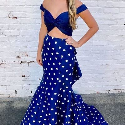 Cute mermaid off the shoulder royal blue polka dot prom dresses