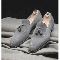 Handmade men light gray dress shoes, dress moccasin shoe men, suede leather shoe - Thumbnail 1
