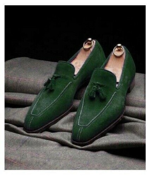 Handmade men green suede shoes, dress moccasin shoes, men leather formal shoes