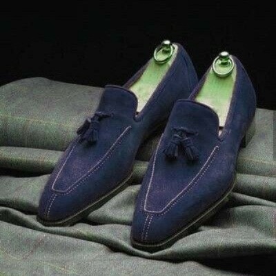 Handmade men navy suede shoes, dress moccasin shoes, men leather formal shoes - Thumbnail 2