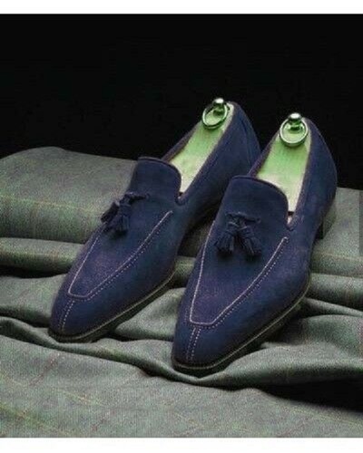 Handmade men navy suede shoes, dress moccasin shoes, men leather formal shoes