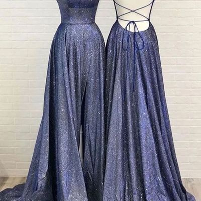 Simple blue sparkly satin sweep train cross back prom dress, evening party dress - Thumbnail 5