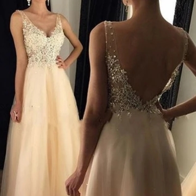V-neck a-line long prom dress with applique and beading custom made formal dress fashion dance dress