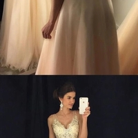 V-neck A-line Long Prom Dress with Applique and Beading Custom Made Formal Dress Fashion Dance Dress - Thumbnail 1