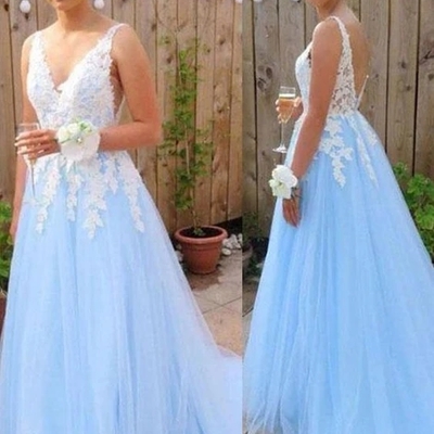A-line v neck sky blue tulle long prom dresses with appliques - Thumbnail 5