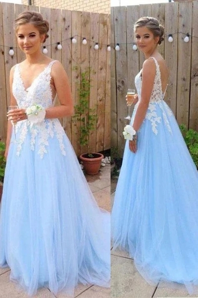 A-Line V Neck Sky Blue Tulle Long Prom Dresses with Appliques
