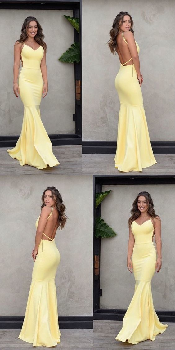 Charming Yellow Backless Prom Dress, Mermaid Spaghetti Straps Satin Prom Dress