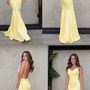 Charming Yellow Backless Prom Dress, Mermaid Spaghetti Straps Satin Prom Dress-1