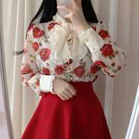 New bowknot floral chiffon shirt blouses - Thumbnail 2