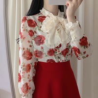New bowknot floral chiffon shirt blouses - Thumbnail 4