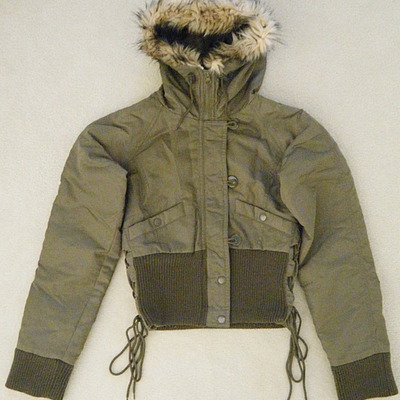 Olive green jacket with faux fur hood
