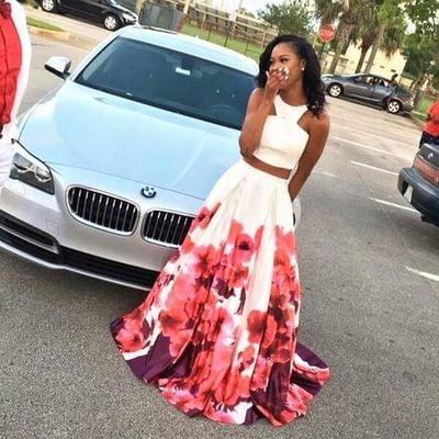 A line 2 pieces white prom dress floral skirt, 2 pieces floral formal dress - Thumbnail 5