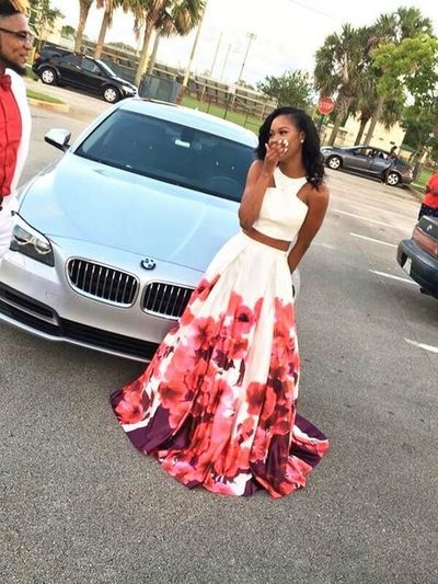 A Line 2 Pieces White Prom Dress Floral Skirt, 2 Pieces Floral Formal Dress