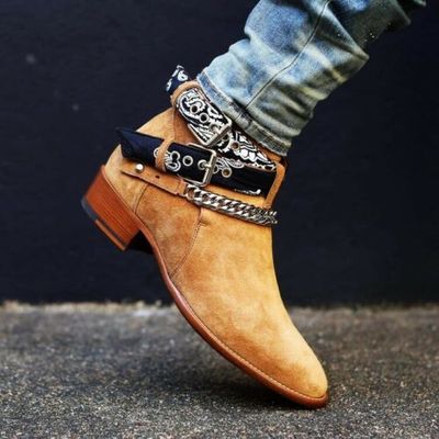 Men,s beige madrid straps jodhpurs suede ankle high boots. men dress formal fashion boots - Thumbnail 3