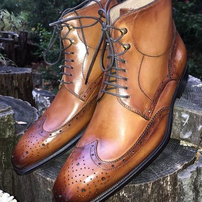 Men,s brown wing tip leather ankle boots. men dress formal fashion boots - Thumbnail 3