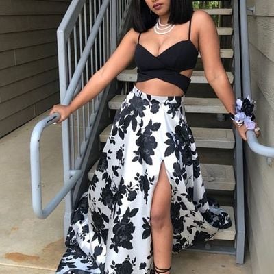 Two piece spaghetti straps floor-length black printed prom dress with split - Thumbnail 5