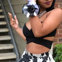 Two Piece Spaghetti Straps Floor-Length Black Printed Prom Dress with Split - Thumbnail 1