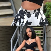 Two Piece Spaghetti Straps Floor-Length Black Printed Prom Dress with Split - Thumbnail 2