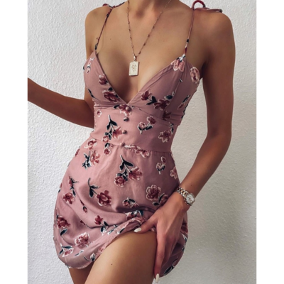 V-neck sling sexy package hip print dress