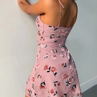V-Neck Sling Sexy Package Hip Print Dress - Thumbnail 1