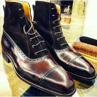 Men,s black & brown cap toe leather suede ankle boots. men dress formal fashion boots - Thumbnail 1