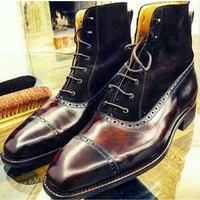Men,s Black & Brown Cap Toe Leather Suede Ankle Boots. Men Dress Formal Fashion Boots - Thumbnail 1