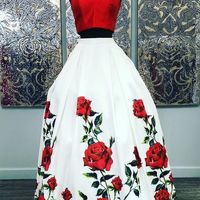 Two Piece Sweetheart Open Back Red Floral Printed Prom Dresses,Evening Party Dresses with Pockets - Thumbnail 1