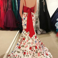 Two Piece Mermaid Floral Printed Prom Dresses Red A Line Lace Top Evening Ball Gowns  - Thumbnail 2