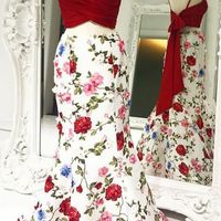 Two Piece Mermaid Floral Printed Prom Dresses Red A Line Lace Top Evening Ball Gowns  - Thumbnail 1