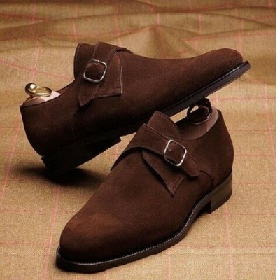 Handmade men brown suede monk strap shoes fashion dressing shoes - Thumbnail 1